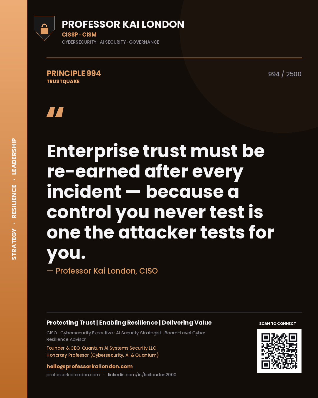 Quote card by Professor Kai London reading 'Enterprise trust must be re-earned after every incident — because a control you never test is one the attacker tests for you.'. From the book Trustquake.