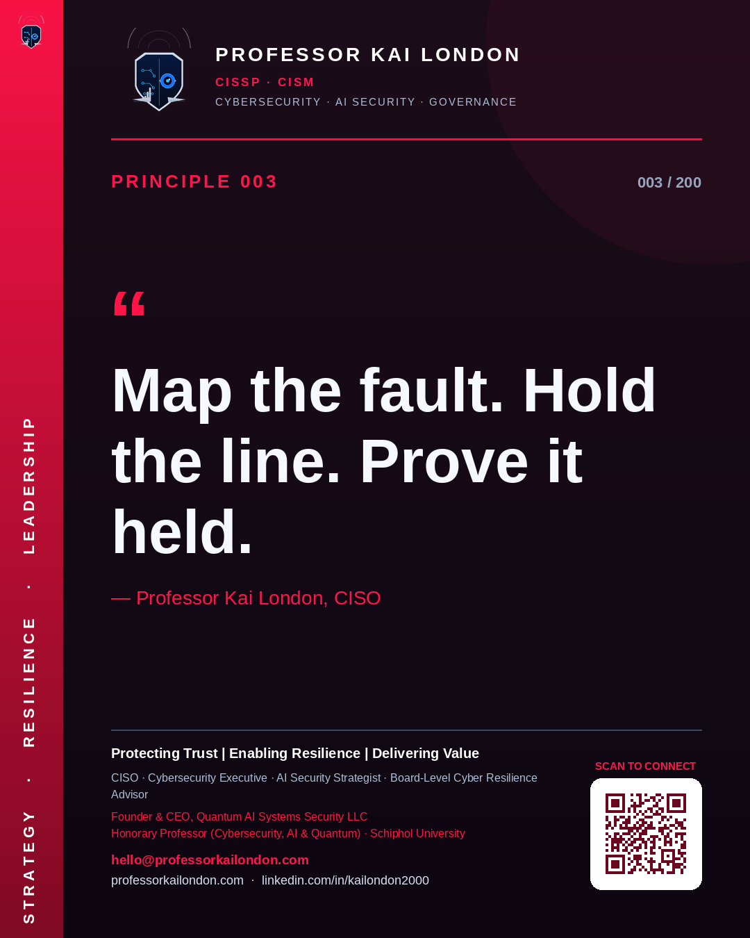 Professor Kai London cybersecurity principle 3: "Map the fault. Hold the line. Prove it held." — CISO, AI security & cyber resilience advisor.