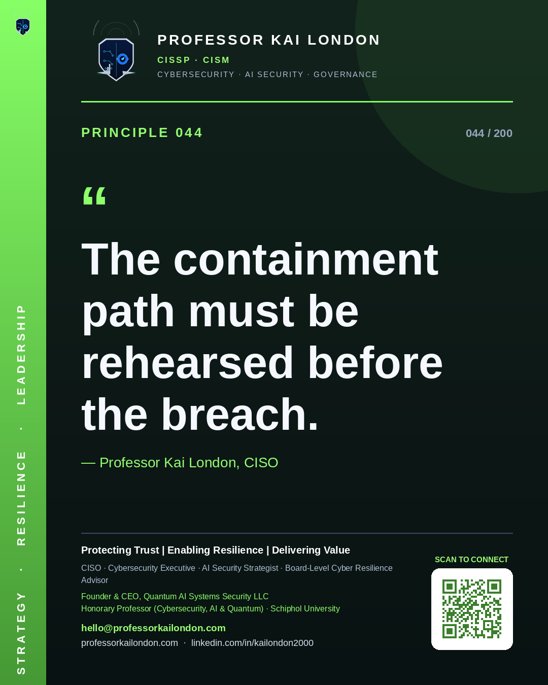 Professor Kai London cybersecurity principle 44: "The containment path must be rehearsed before the breach." — CISO, AI security & cyber resilience advisor.