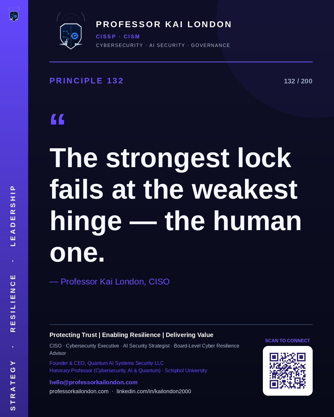 Professor Kai London cybersecurity principle 132: "The strongest lock fails at the weakest hinge — the human one." — CISO, AI security & cyber resilience advisor.