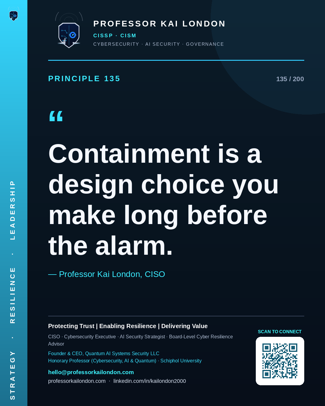 Professor Kai London cybersecurity principle 135: "Containment is a design choice you make long before the alarm." — CISO, AI security & cyber resilience advisor.