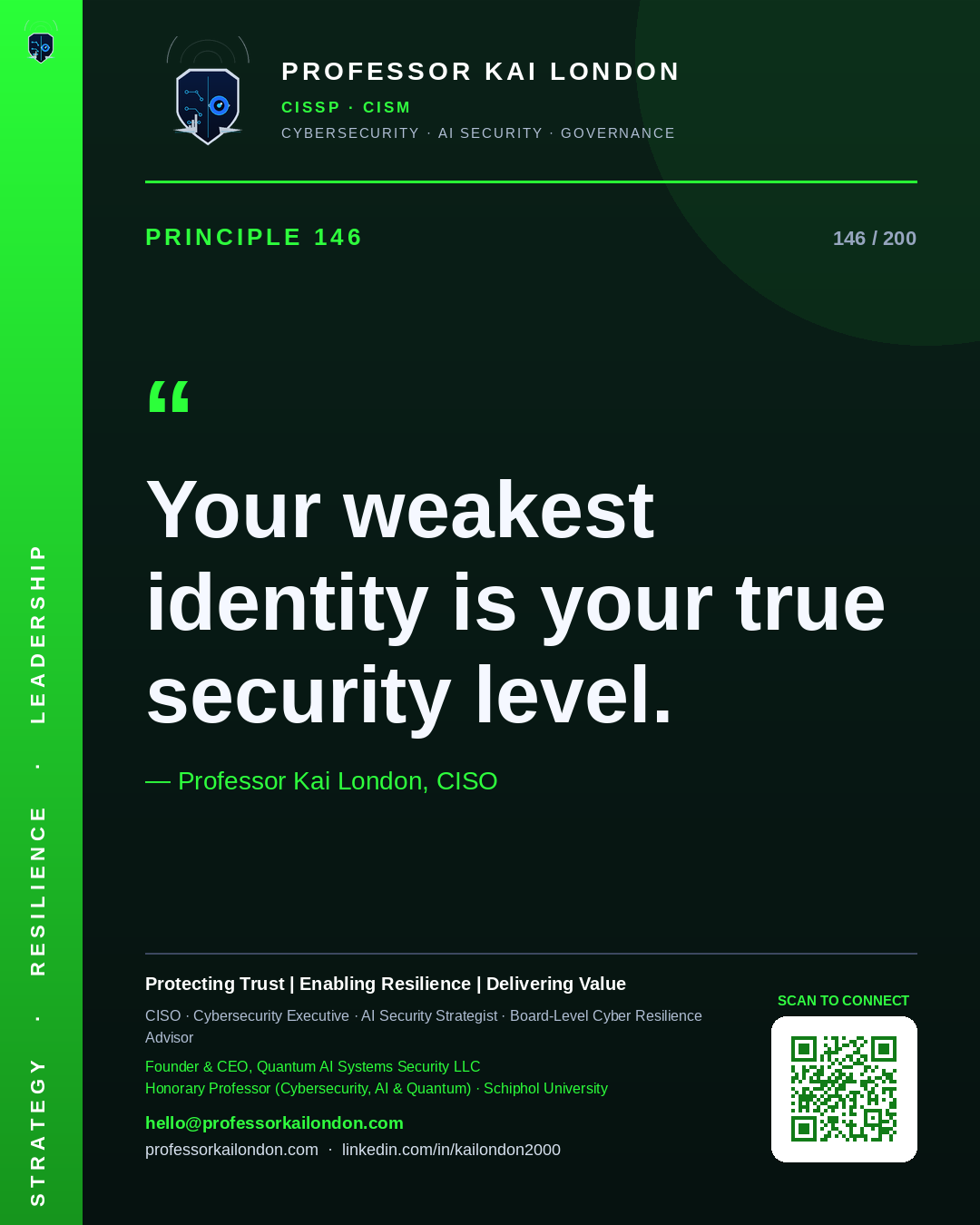 Professor Kai London cybersecurity principle 146: "Your weakest identity is your true security level." — CISO, AI security & cyber resilience advisor.