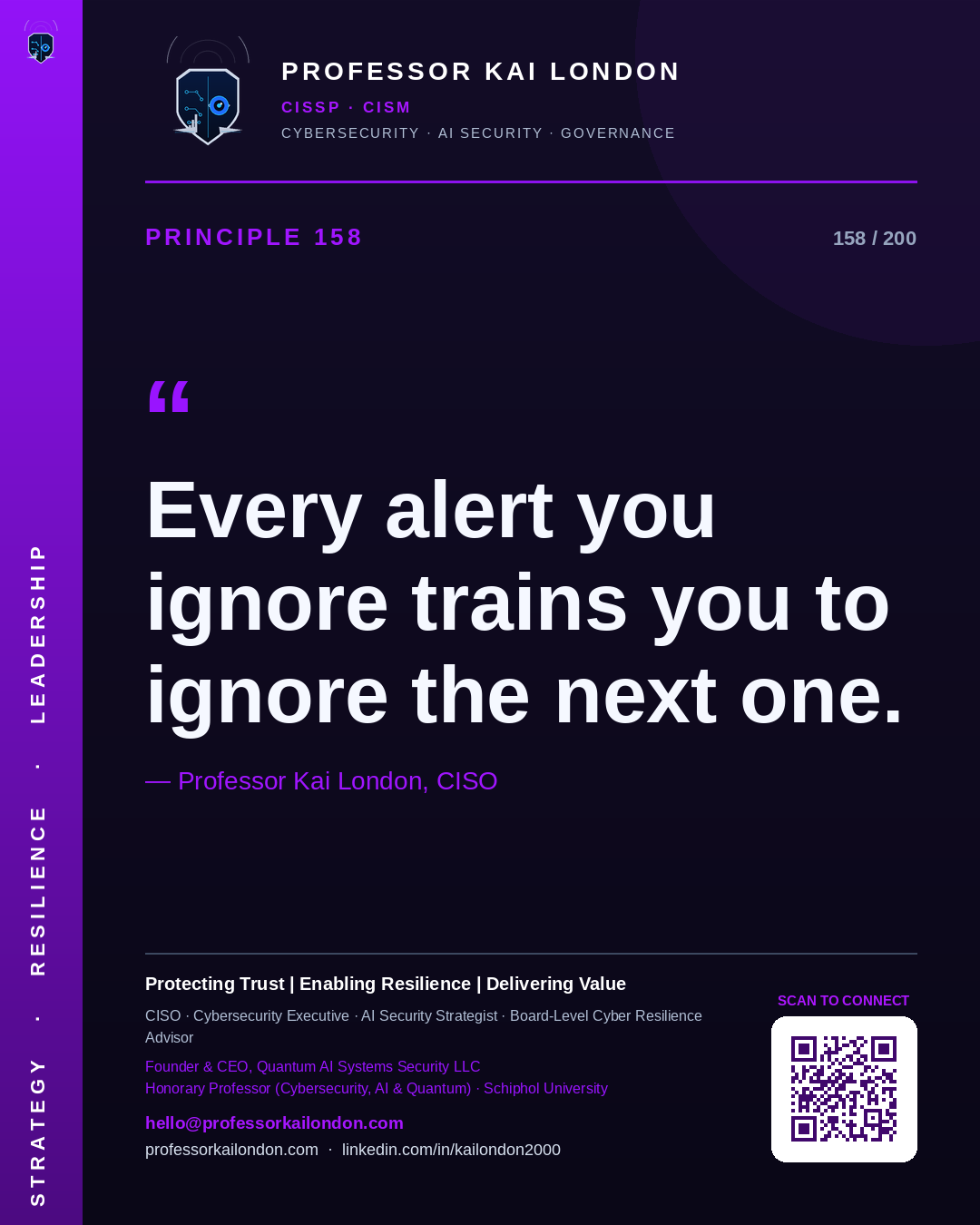 Professor Kai London cybersecurity principle 158: "Every alert you ignore trains you to ignore the next one." — CISO, AI security & cyber resilience advisor.