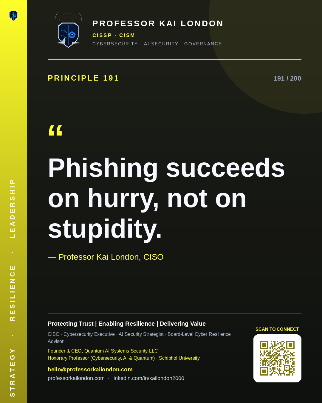 Professor Kai London cybersecurity principle 191: "Phishing succeeds on hurry, not on stupidity." — CISO, AI security & cyber resilience advisor.