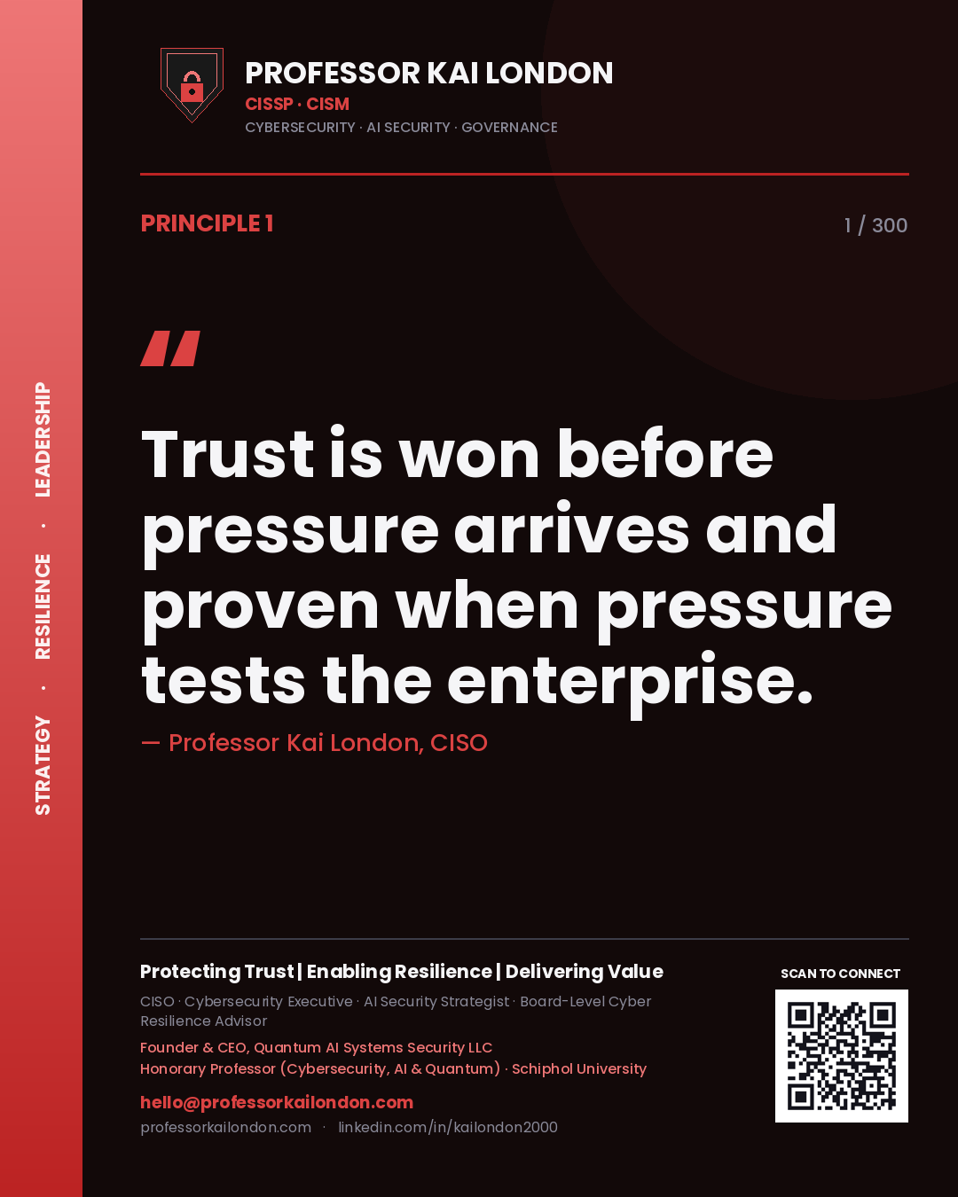 Trust is won before pressure arrives and proven when pressure tests the enterprise. — Professor Kai London, CISO. Principle 1 of 300 on Cyber Resilience.