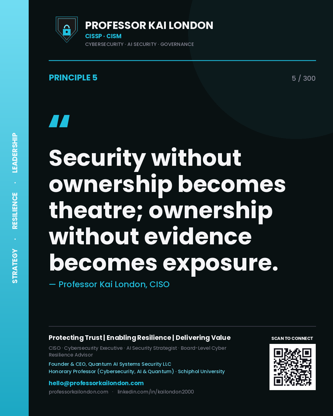 Security without ownership becomes theatre; ownership without evidence becomes exposure. — Professor Kai London, CISO. Principle 5 of 300 on Governance.