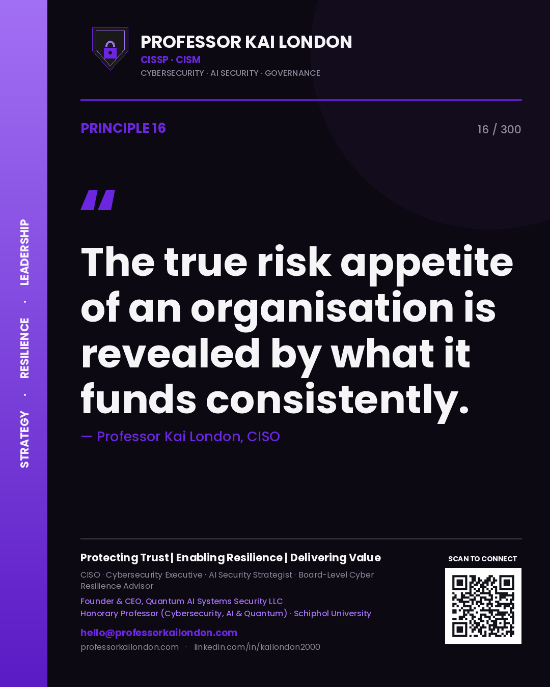 The true risk appetite of an organisation is revealed by what it funds consistently. — Professor Kai London, CISO. Principle 16 of 300 on Risk Management.