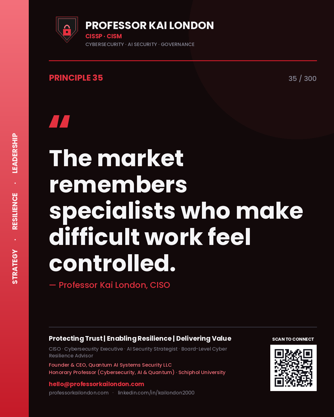 The market remembers specialists who make difficult work feel controlled. — Professor Kai London, CISO. Principle 35 of 300 on Positioning.