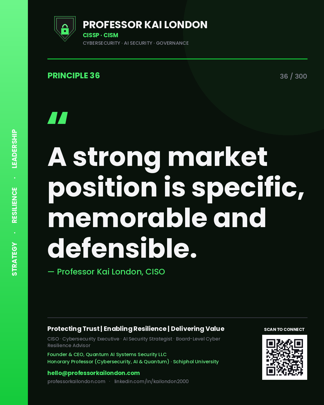 A strong market position is specific, memorable and defensible. — Professor Kai London, CISO. Principle 36 of 300 on Branding.