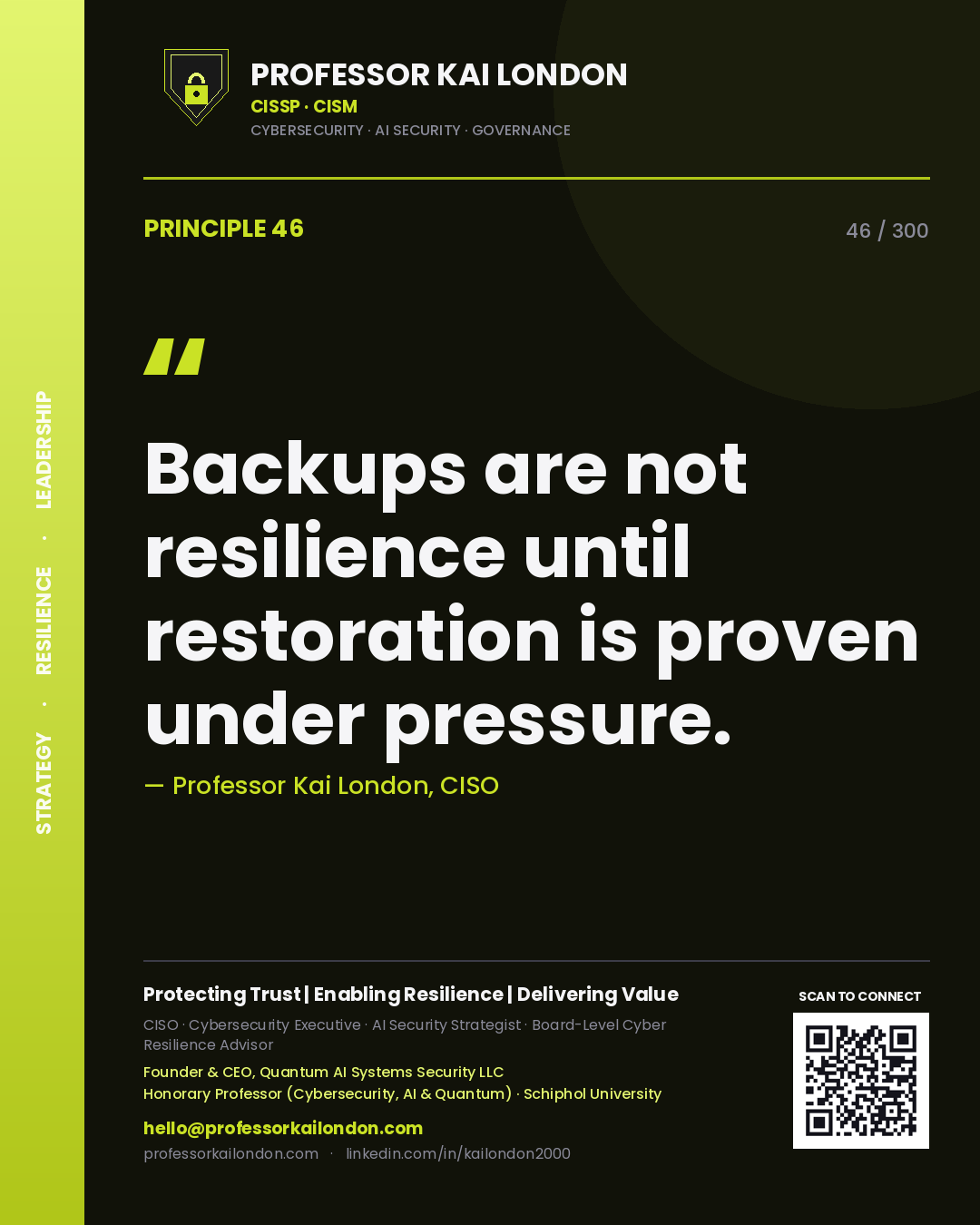 Backups are not resilience until restoration is proven under pressure. — Professor Kai London, CISO. Principle 46 of 300 on Recovery.