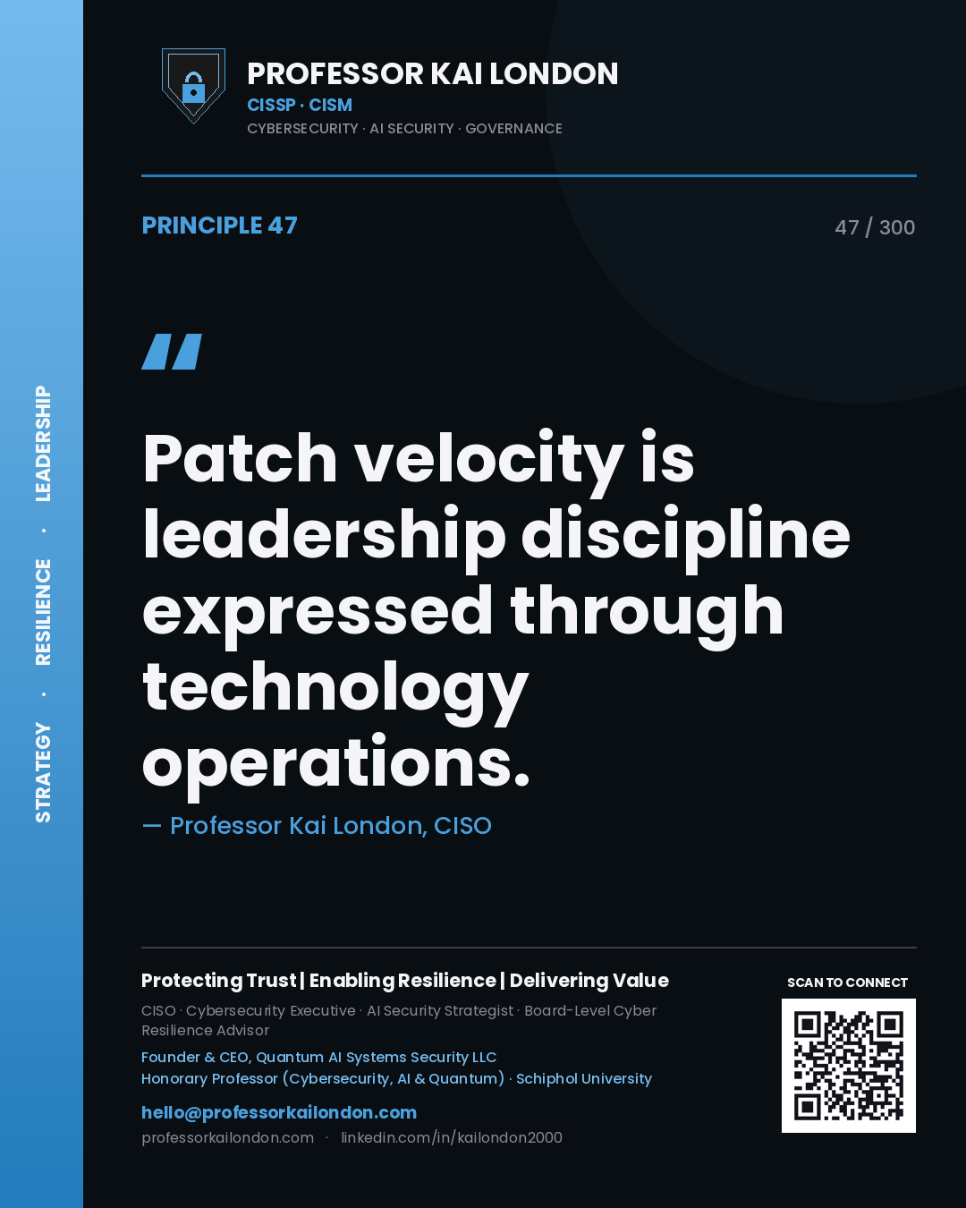 Patch velocity is leadership discipline expressed through technology operations. — Professor Kai London, CISO. Principle 47 of 300 on Vulnerability Management.