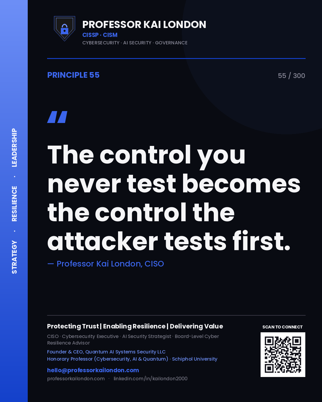 The control you never test becomes the control the attacker tests first. — Professor Kai London, CISO. Principle 55 of 300 on Assurance.