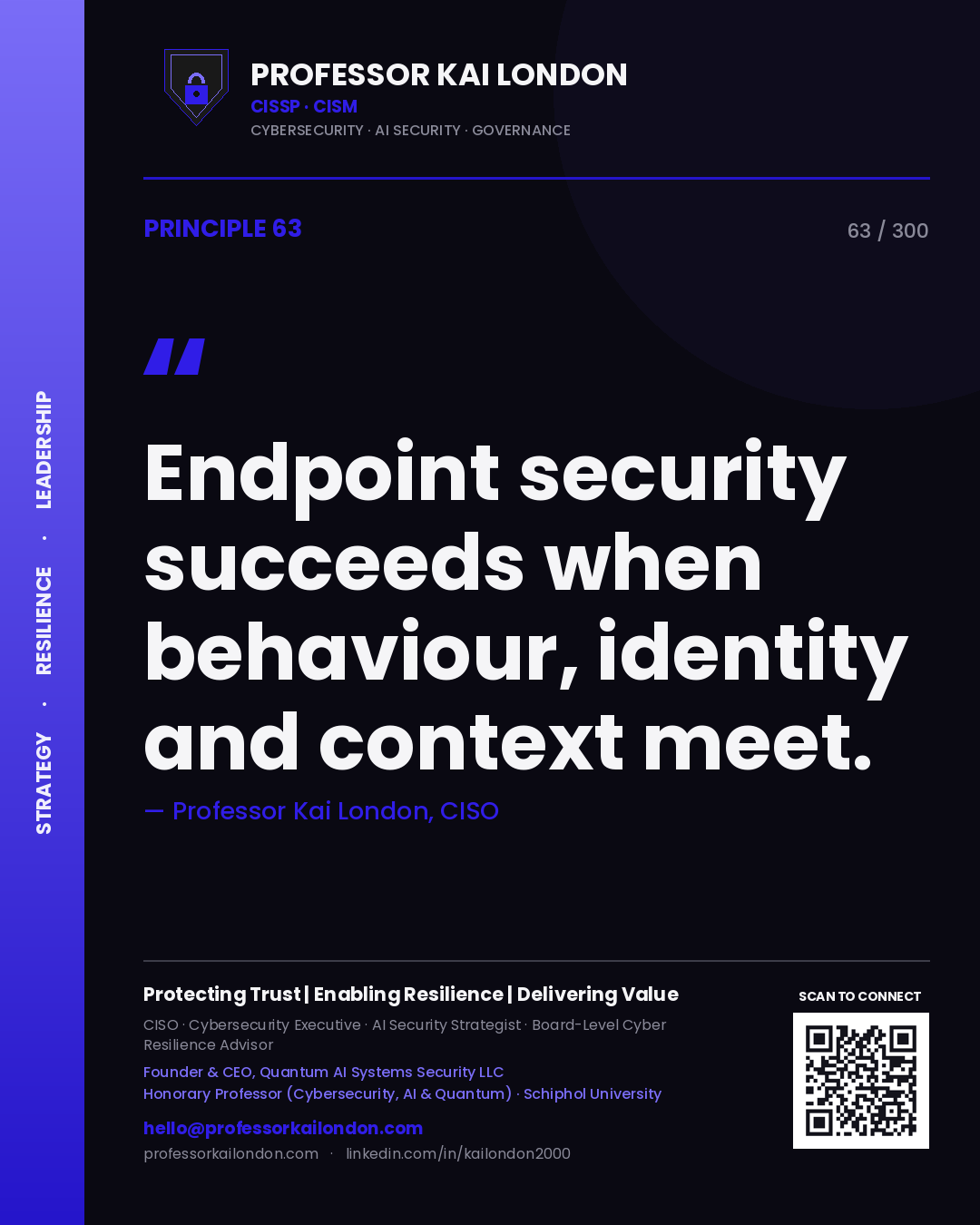 Endpoint security succeeds when behaviour, identity and context meet. — Professor Kai London, CISO. Principle 63 of 300 on Endpoint Security.