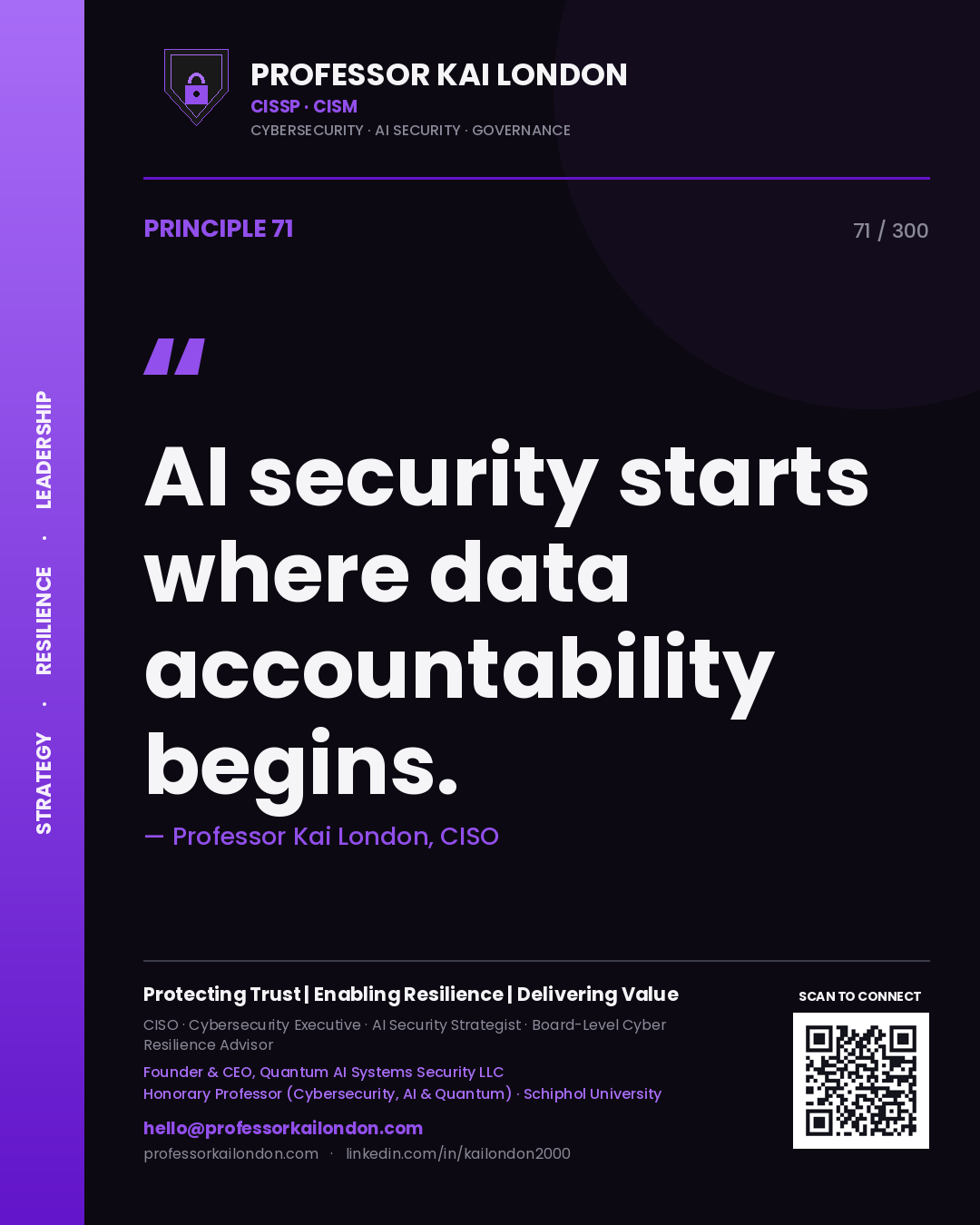AI security starts where data accountability begins. — Professor Kai London, CISO. Principle 71 of 300 on AI Security.