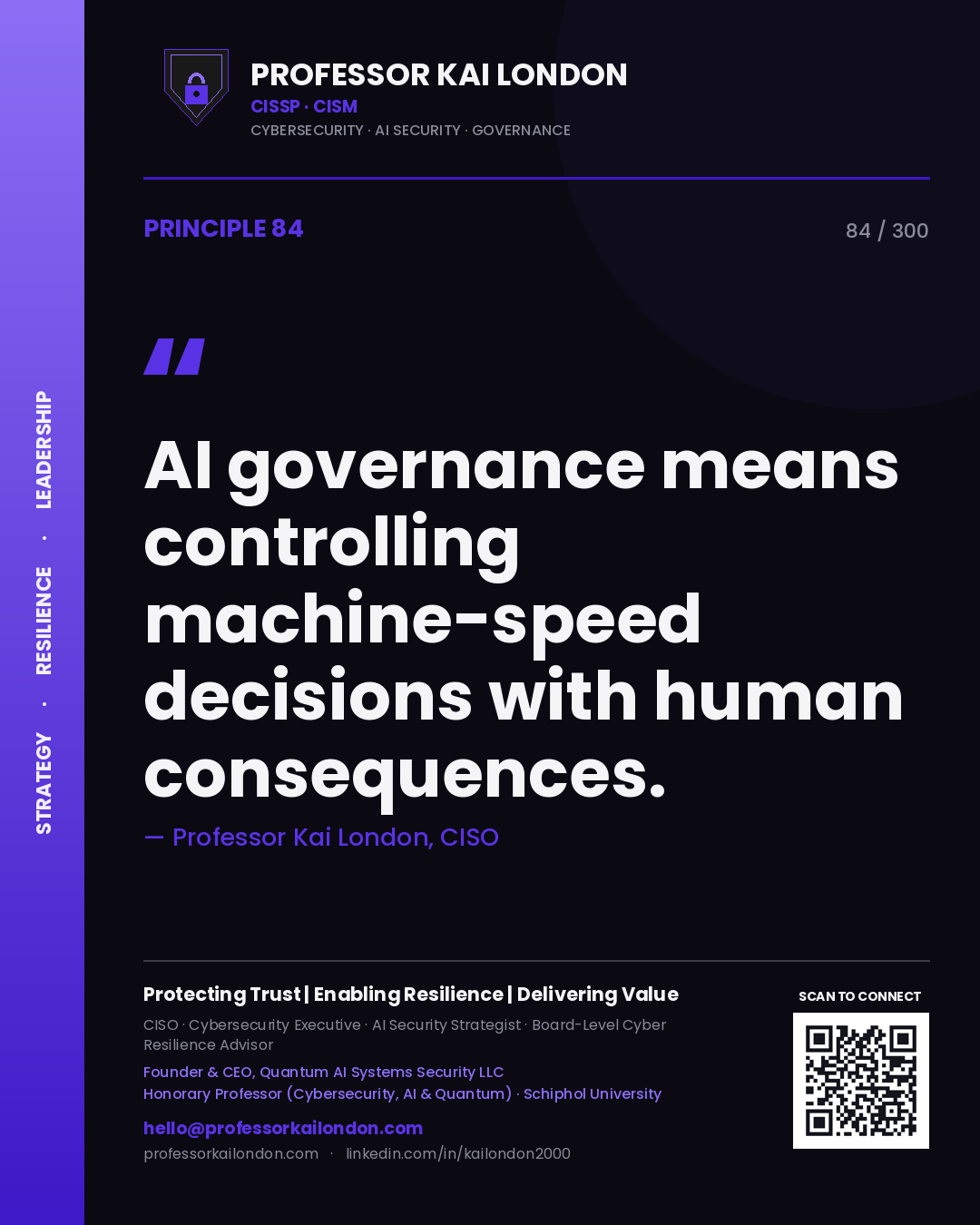AI governance means controlling machine-speed decisions with human consequences. — Professor Kai London, CISO. Principle 84 of 300 on AI Governance.
