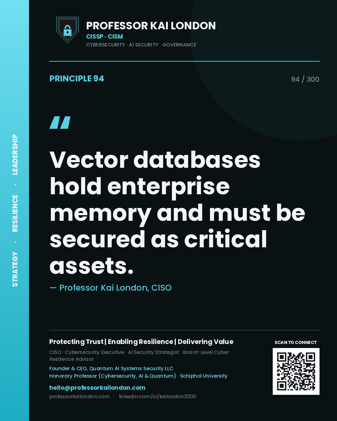 Vector databases hold enterprise memory and must be secured as critical assets. — Professor Kai London, CISO. Principle 94 of 300 on AI / Data Security.