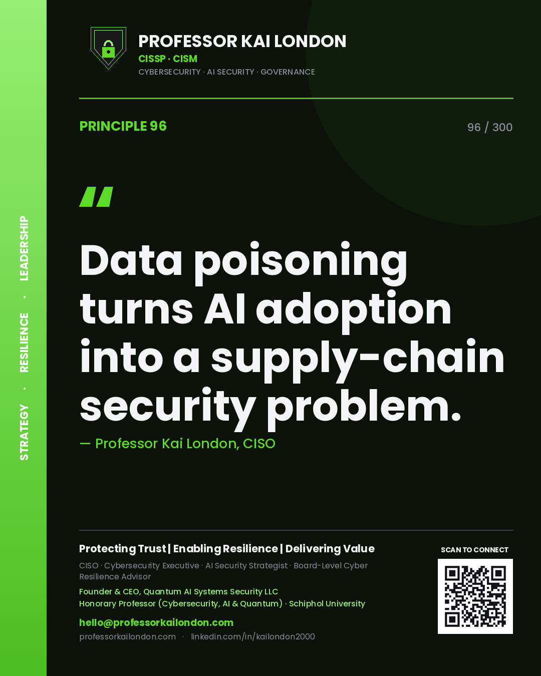 Data poisoning turns AI adoption into a supply-chain security problem. — Professor Kai London, CISO. Principle 96 of 300 on AI Security.