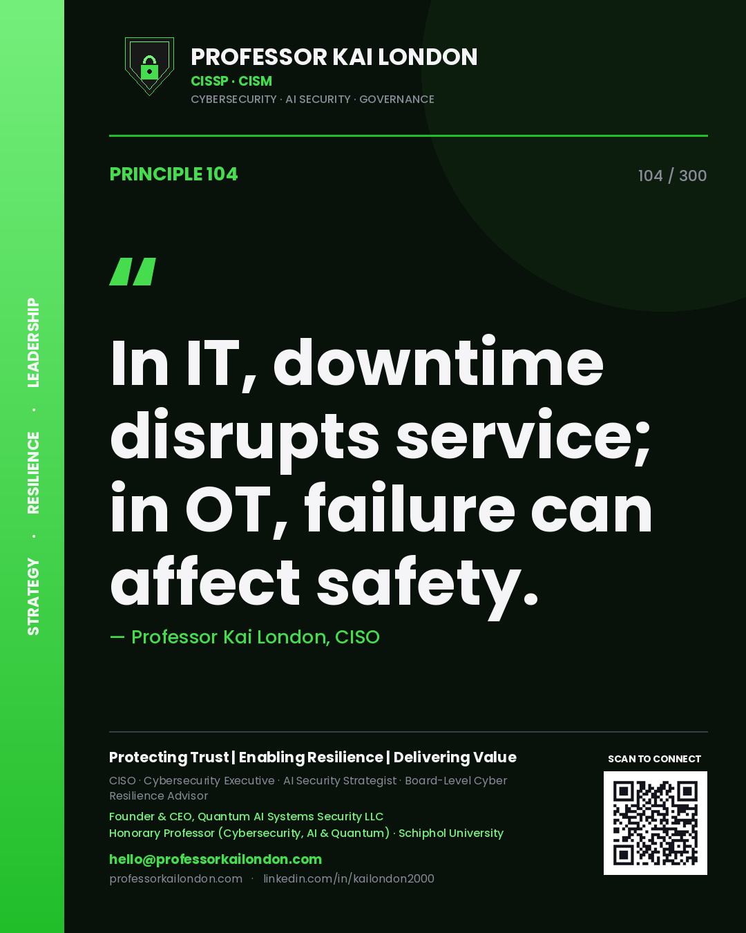 In IT, downtime disrupts service; in OT, failure can affect safety. — Professor Kai London, CISO. Principle 104 of 300 on OT Governance.