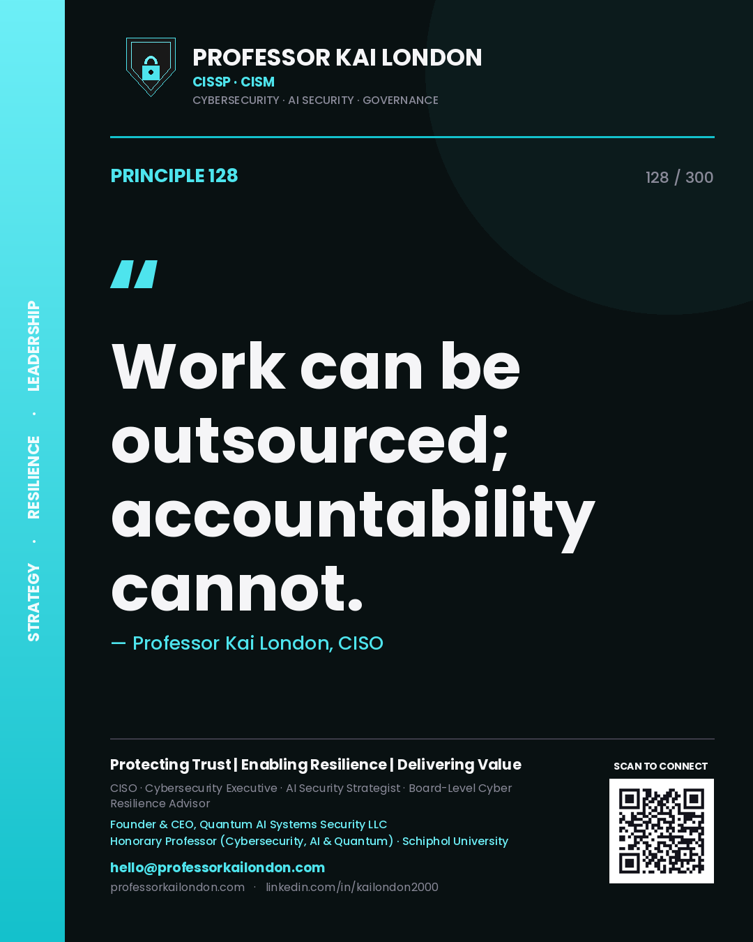 Work can be outsourced; accountability cannot. — Professor Kai London, CISO. Principle 128 of 300 on Supply Chain.