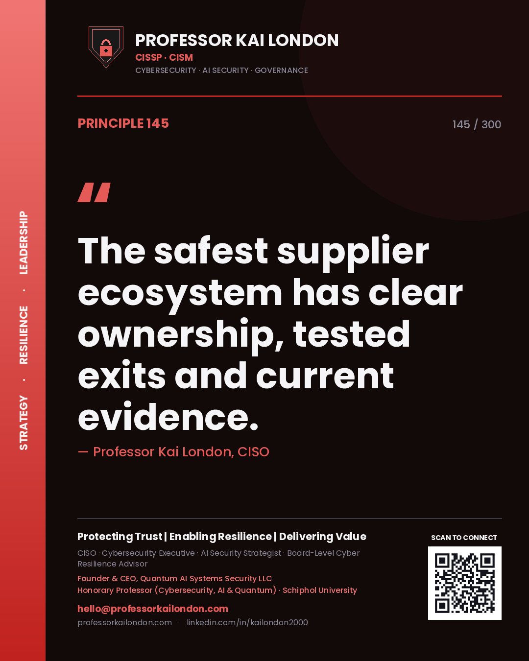 The safest supplier ecosystem has clear ownership, tested exits and current evidence. — Professor Kai London, CISO. Principle 145 of 300 on Supply Chain.