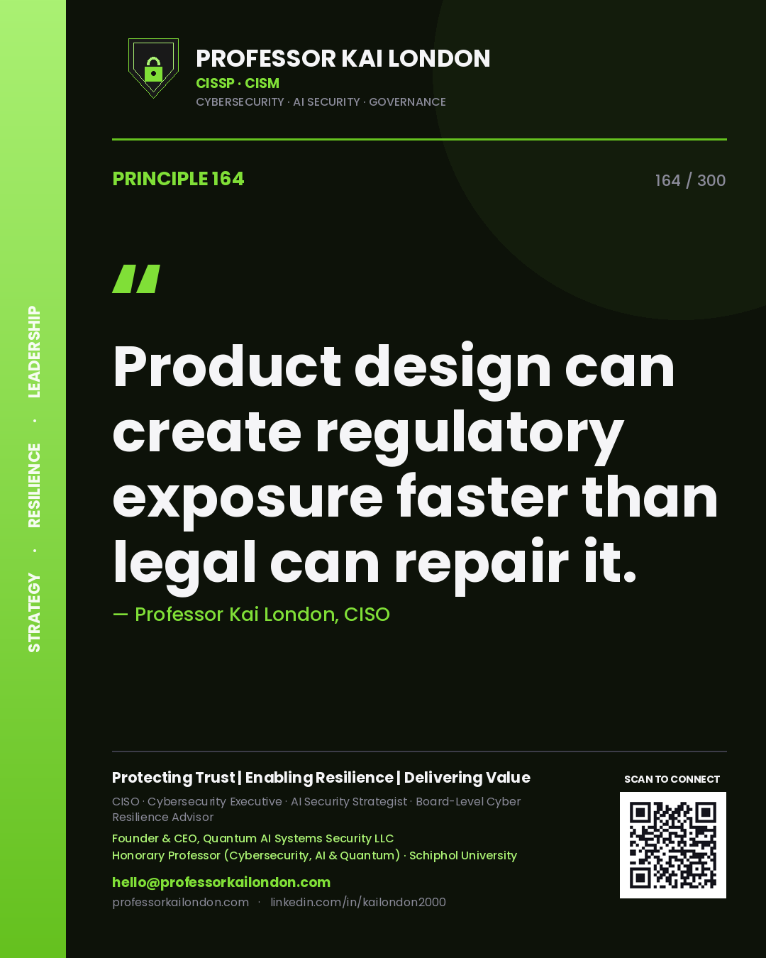 Product design can create regulatory exposure faster than legal can repair it. — Professor Kai London, CISO. Principle 164 of 300 on UX / Privacy.