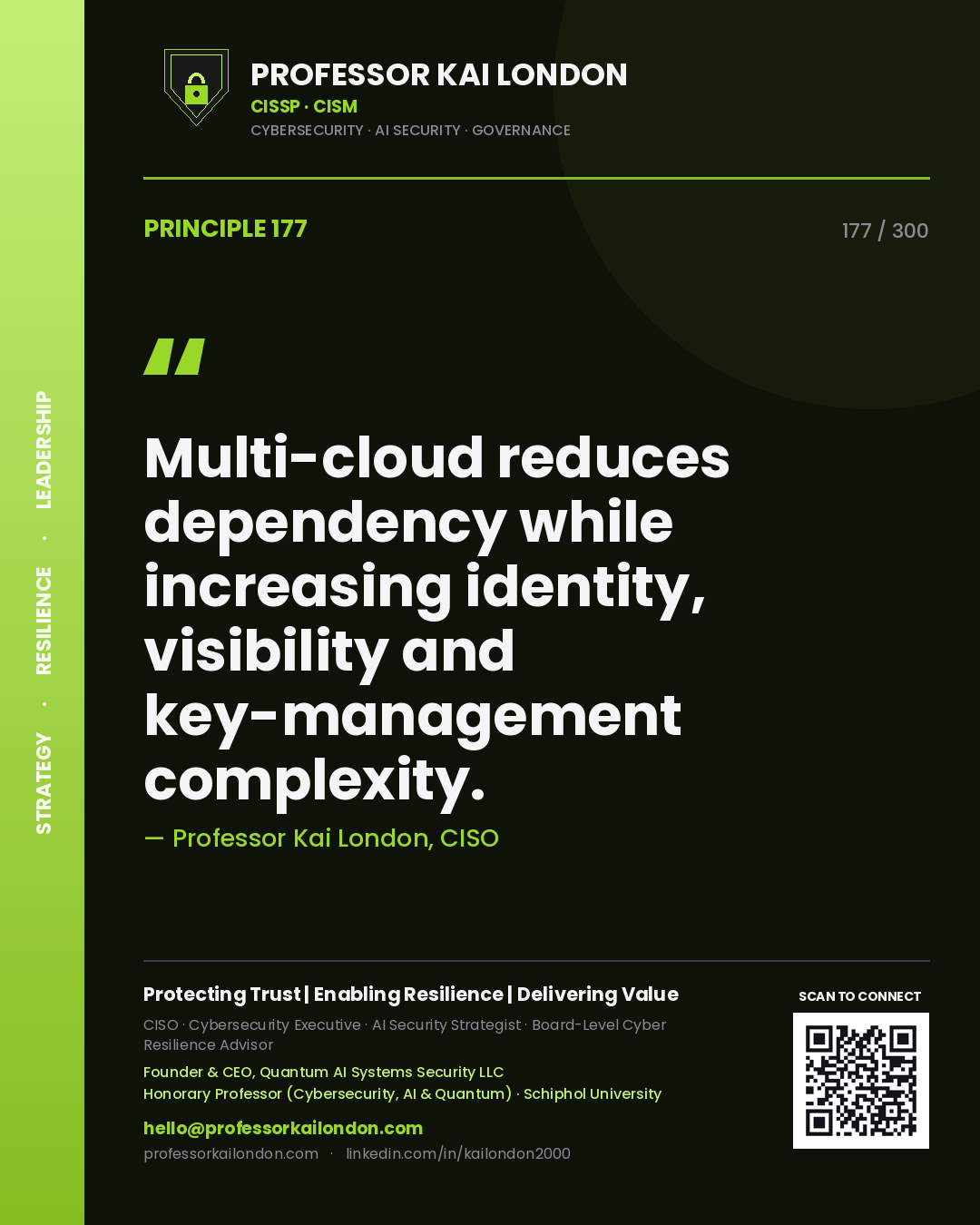 Multi-cloud reduces dependency while increasing identity, visibility and key-management complexity. — Professor Kai London, CISO. Principle 177 of 300 on Cloud Governance.