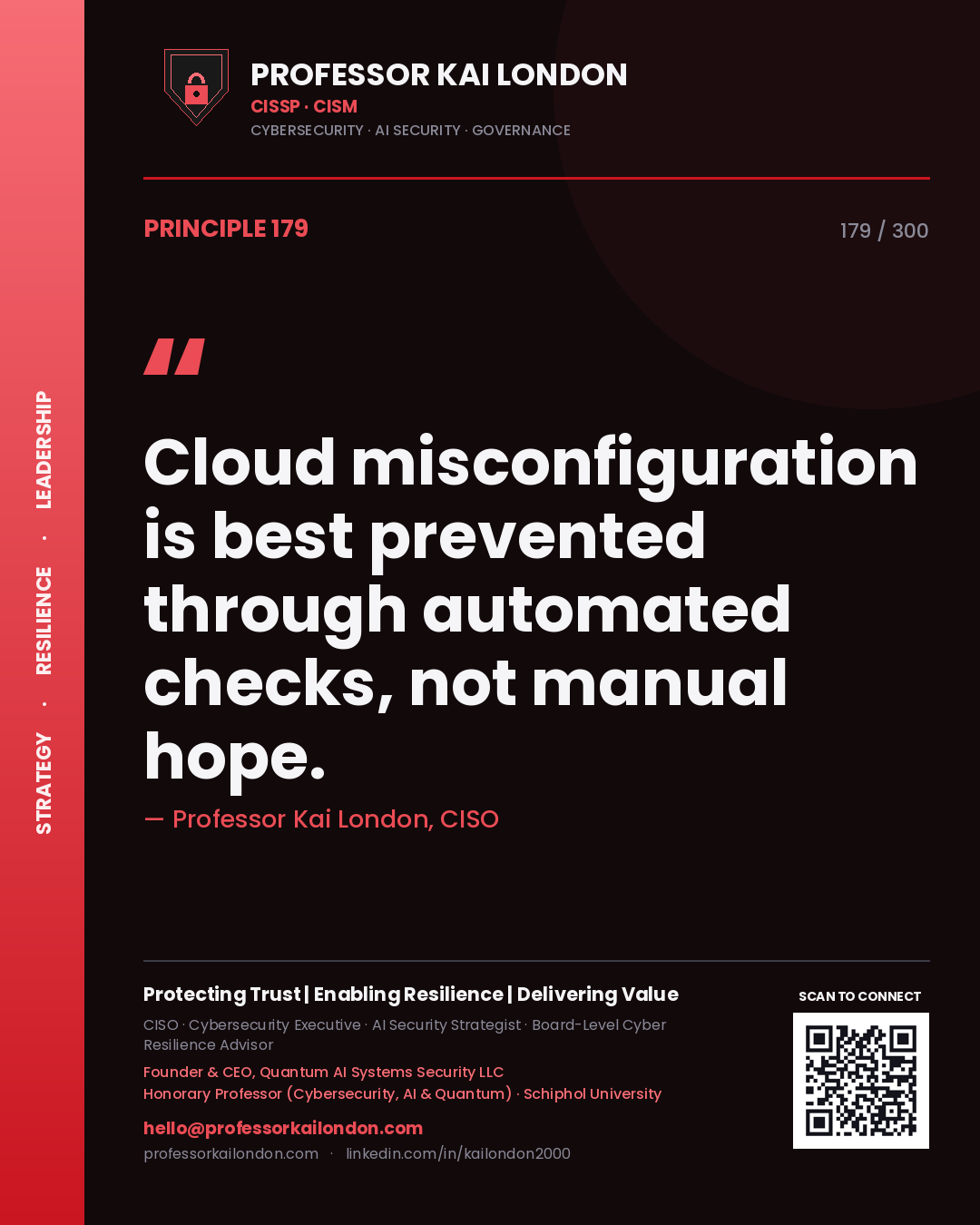 Cloud misconfiguration is best prevented through automated checks, not manual hope. — Professor Kai London, CISO. Principle 179 of 300 on Cloud Compliance.
