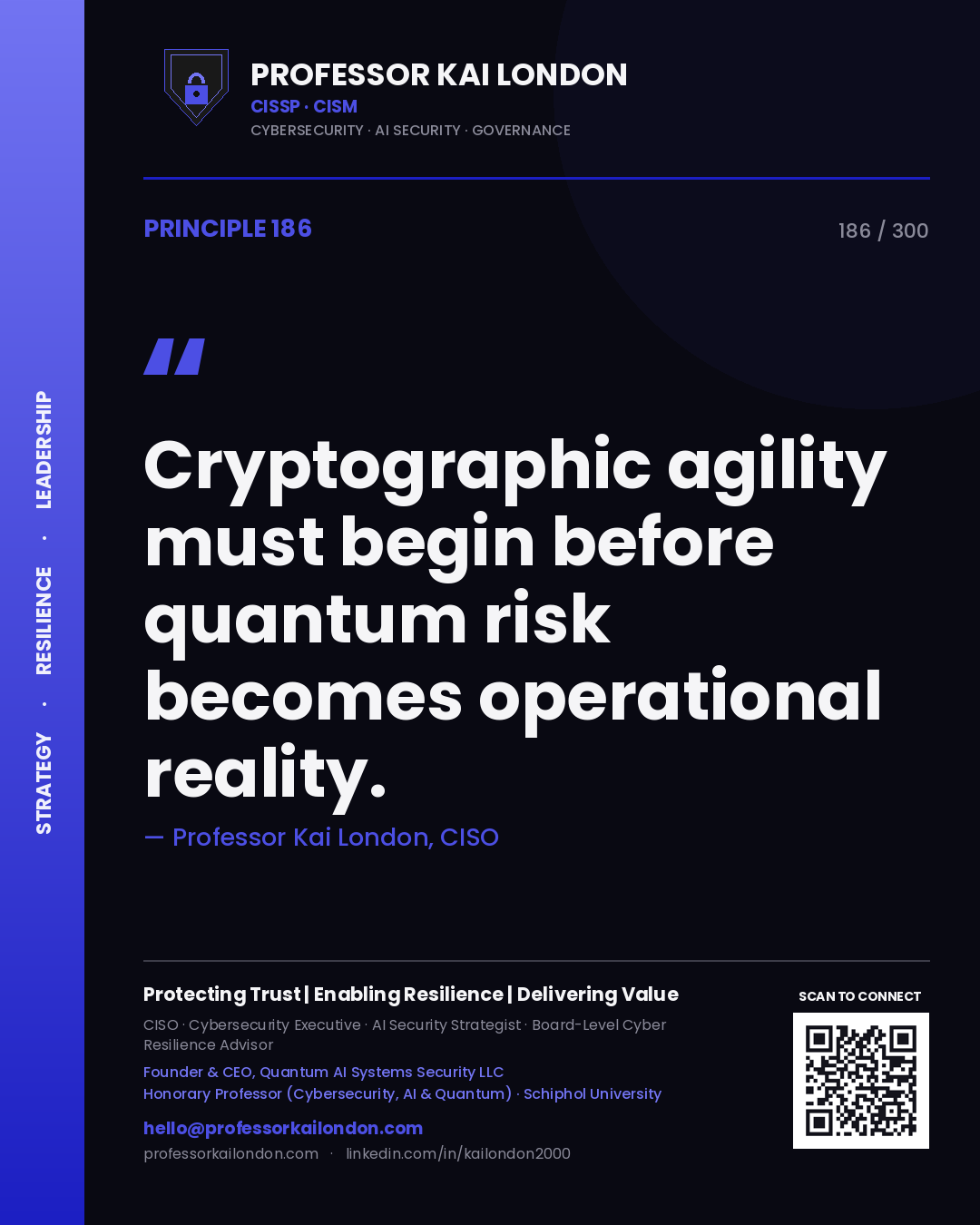 Cryptographic agility must begin before quantum risk becomes operational reality. — Professor Kai London, CISO. Principle 186 of 300 on Quantum / Crypto.