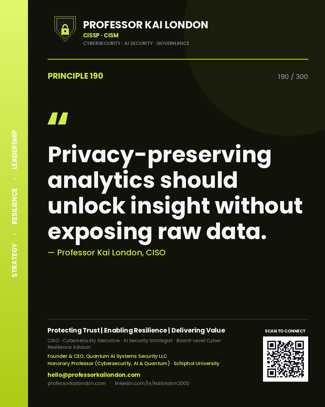 Privacy-preserving analytics should unlock insight without exposing raw data. — Professor Kai London, CISO. Principle 190 of 300 on Encryption / Analytics.