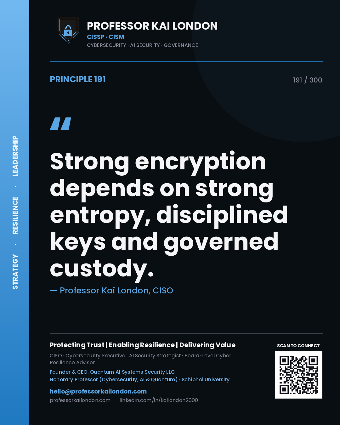 Strong encryption depends on strong entropy, disciplined keys and governed custody. — Professor Kai London, CISO. Principle 191 of 300 on Cryptography.