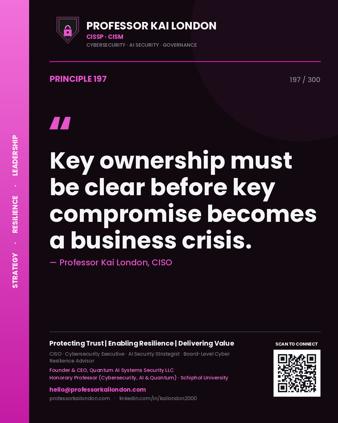 Key ownership must be clear before key compromise becomes a business crisis. — Professor Kai London, CISO. Principle 197 of 300 on Key Governance.