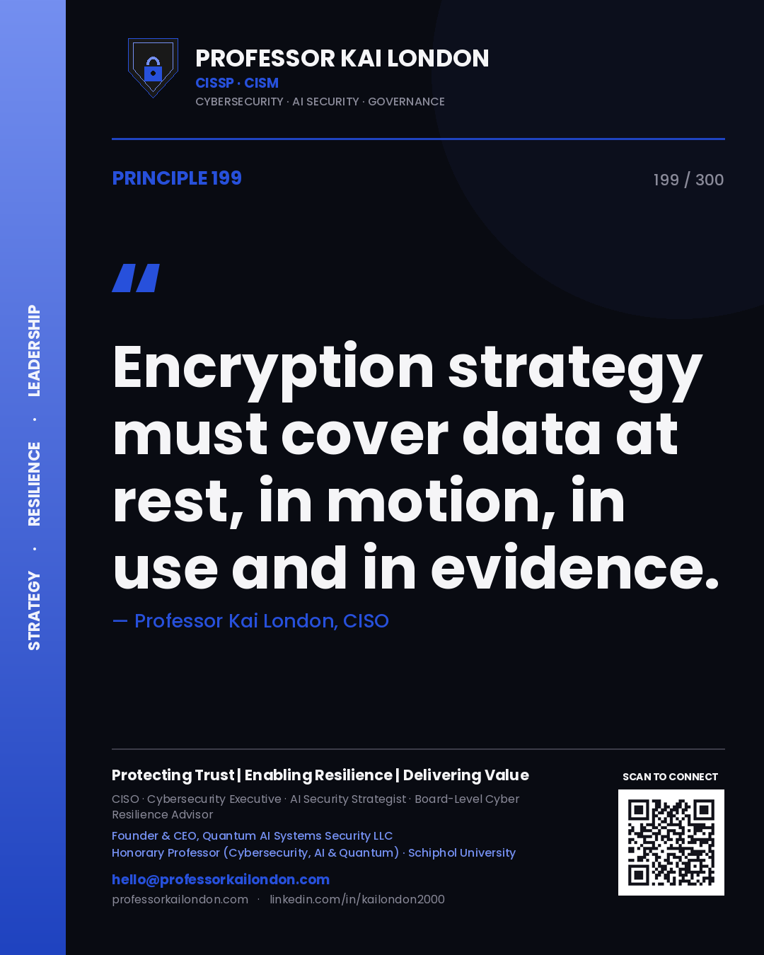 Encryption strategy must cover data at rest, in motion, in use and in evidence. — Professor Kai London, CISO. Principle 199 of 300 on Data Protection.