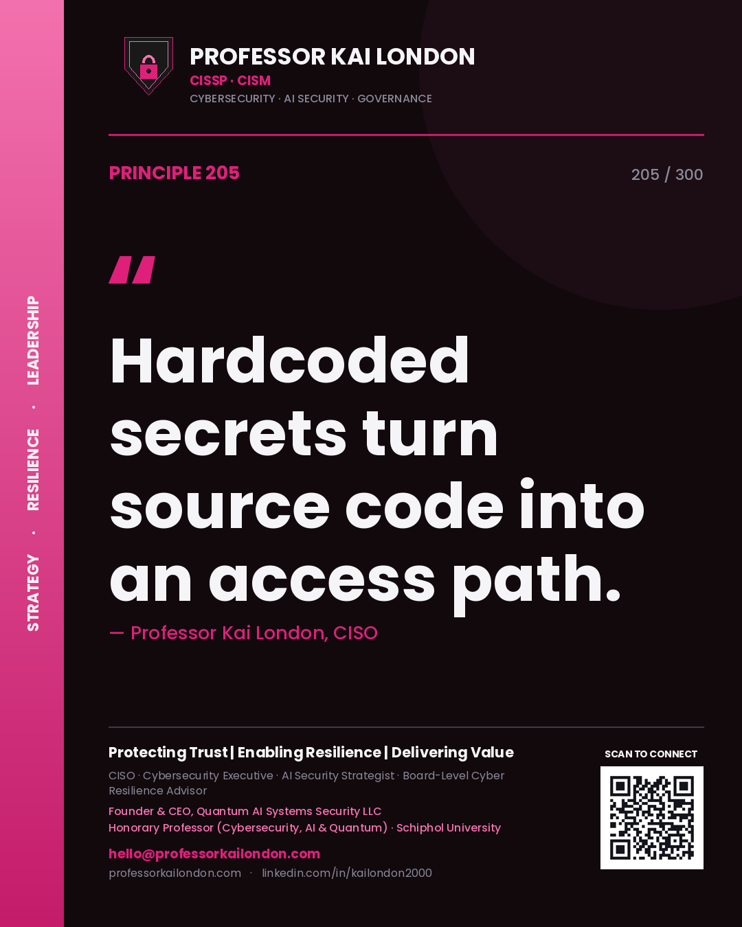 Hardcoded secrets turn source code into an access path. — Professor Kai London, CISO. Principle 205 of 300 on DevSecOps.