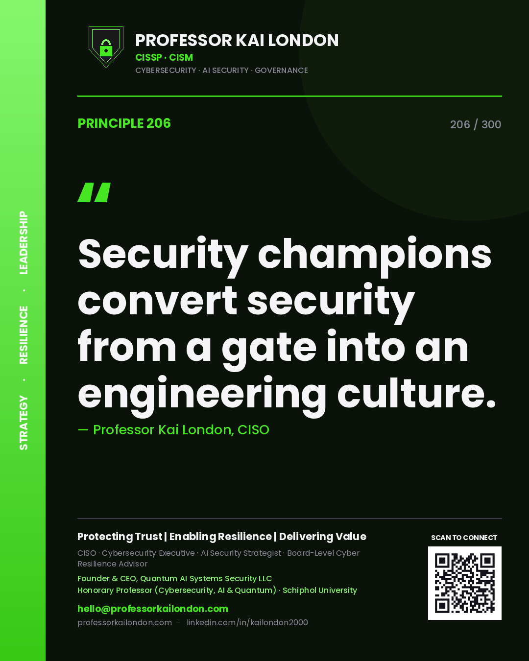 Security champions convert security from a gate into an engineering culture. — Professor Kai London, CISO. Principle 206 of 300 on Security Culture.