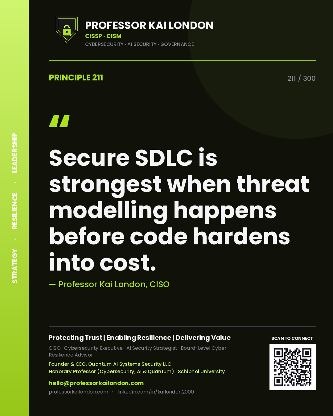 Secure SDLC is strongest when threat modelling happens before code hardens into cost. — Professor Kai London, CISO. Principle 211 of 300 on SDLC.