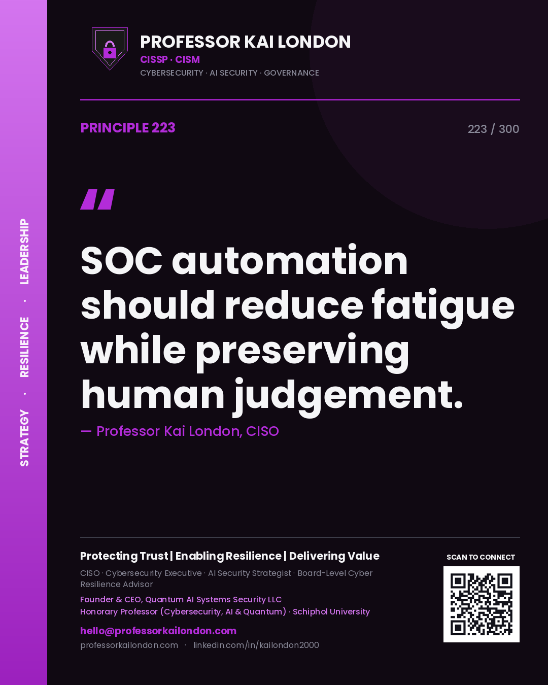 SOC automation should reduce fatigue while preserving human judgement. — Professor Kai London, CISO. Principle 223 of 300 on SOC Automation.