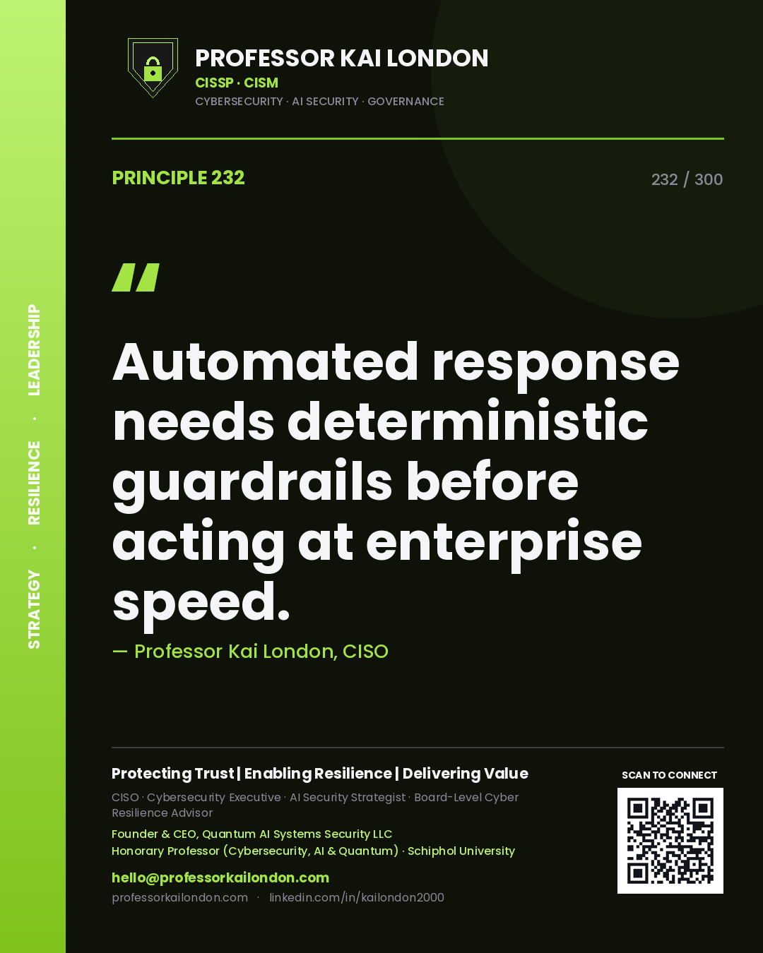 Automated response needs deterministic guardrails before acting at enterprise speed. — Professor Kai London, CISO. Principle 232 of 300 on SOAR / IR.