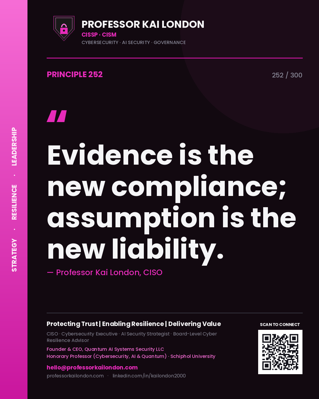 Evidence is the new compliance; assumption is the new liability. — Professor Kai London, CISO. Principle 252 of 300 on GRC.