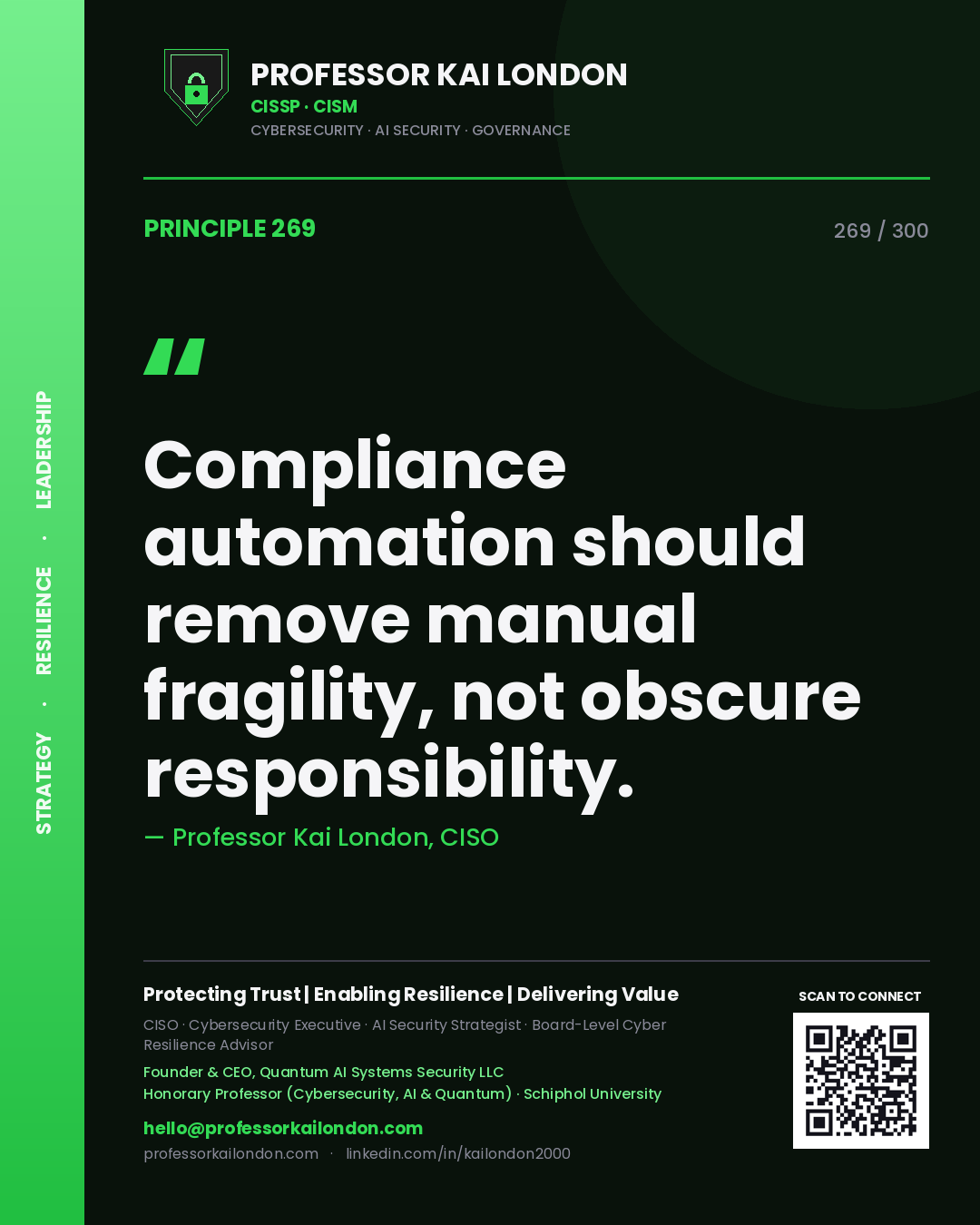 Compliance automation should remove manual fragility, not obscure responsibility. — Professor Kai London, CISO. Principle 269 of 300 on GRC Automation.