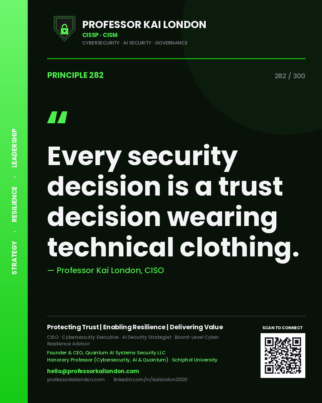 Every security decision is a trust decision wearing technical clothing. — Professor Kai London, CISO. Principle 282 of 300 on Leadership.