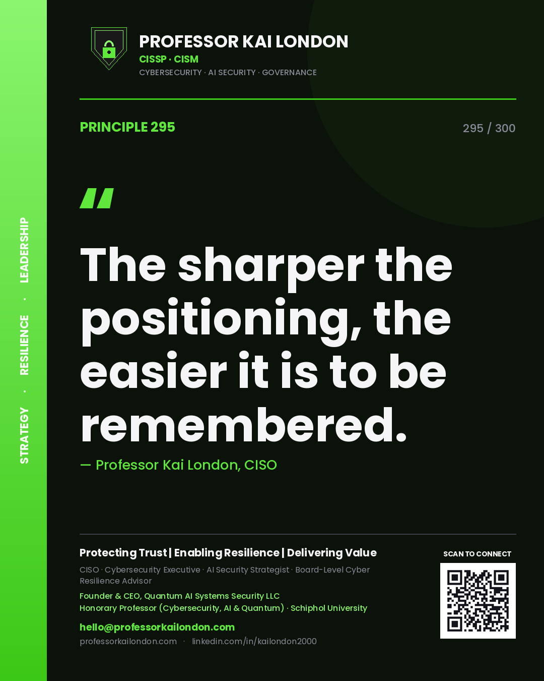 The sharper the positioning, the easier it is to be remembered. — Professor Kai London, CISO. Principle 295 of 300 on Brand Positioning.